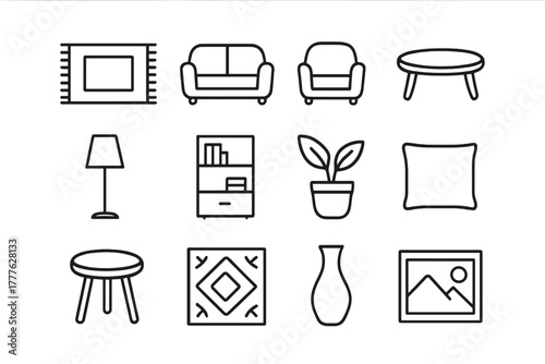 Interior Icon Grid. Interior centerpiece. Line outline icon set of interior centerpiece: rug, sofa, armchair,