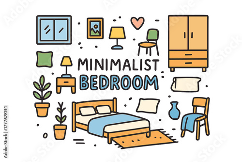 Minimalist Bedroom Doodle. Minimalist Bedroom. Hand-drawn doodle illustration of minimalist bedroom. Bed,