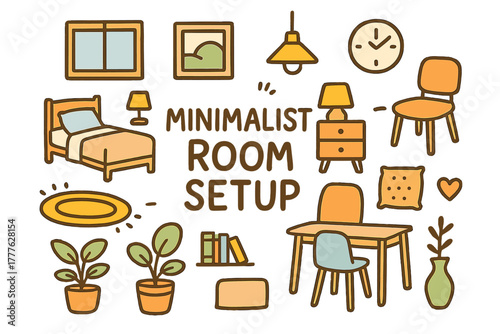 Whimsical Minimalist Room. Minimalist Room Setup. Hand-drawn doodle illustration of minimalist room setup. Bed