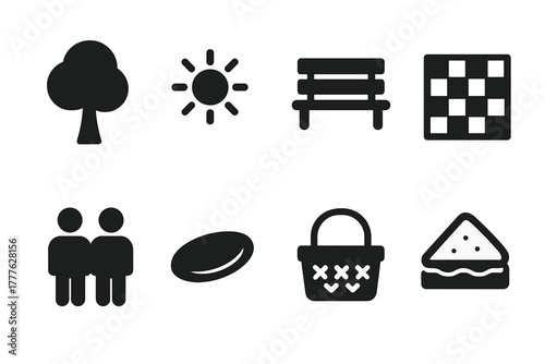 Park Leisure Icons. Park leisure. Filled icon set of park leisure: tree, sun, bench, picnic blanket, friends,
