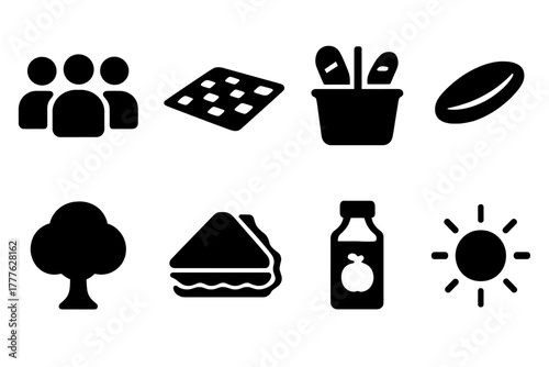 Friends Picnic Icons. Friends together. Filled icon set of friends together: group of people, blanket, picnic