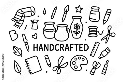 Handcrafted Doodle Icons. Handcrafted items. Hand-drawn doodle illustration of handcrafted items. In the
