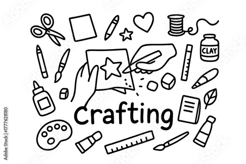 Crafting Doodle Extravaganza. Craft making. Hand-drawn doodle illustration of craft making. In the middle, one