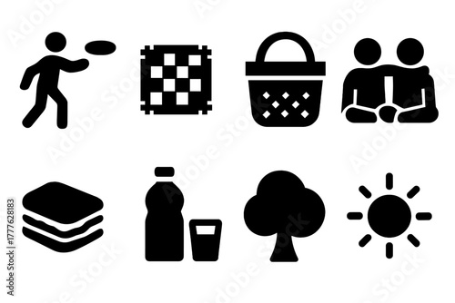 Picnic Icon Set. Picnic activities. Filled icon set of picnic activities: frisbee, blanket, picnic basket,