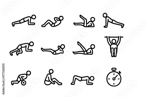Ab Workout Icons. Ab strengthening routine. Line outline icon set of ab strengthening routine: plank, crunch,