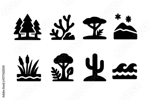 Ecosystem Icons Grid. Ecosystems. Filled icon set of Ecosystems: forest, coral reef, savanna, tundra, wetland,