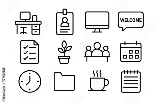 Onboarding Icons Set. Work onboarding. Line outline icon set of work onboarding: office desk, ID badge,