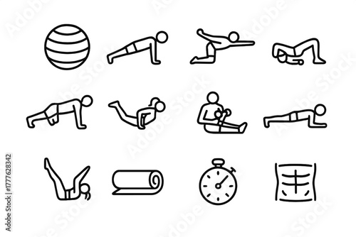 Core Stability Icons. Core stability training. Line outline icon set of core stability training: balance ball,