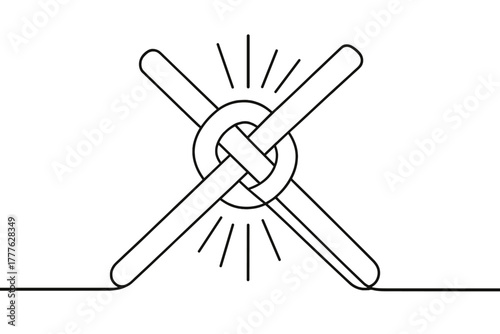 Glowing Metallic Lines. Metal Alloy. Minimalistic one-line drawing intertwined metallic rods with glowing heat