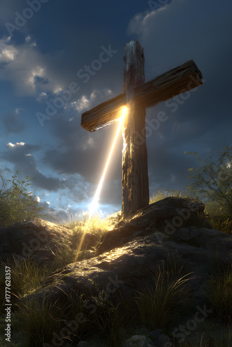Sunbeam shining through a wooden cross on rocky ground at sunset