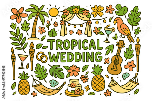 Tropical Wedding Celebration. Tropical-themed garden or backyard wedding. Hand-drawn doodle illustration of a