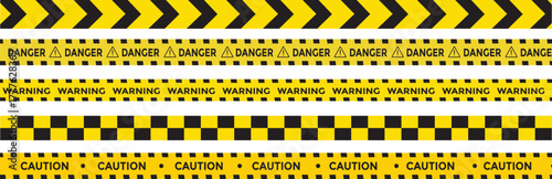 Yellow and black danger tape set with skull symbols for safety hazard zones roads and construction. under construction, caution, Warning zone, danger tapes. Caution tape set of warning ribbons on tran