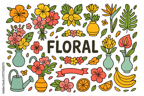Exotic Floral Doodles. Exotic floral arrangements. Hand-drawn doodle illustration of exotic floral