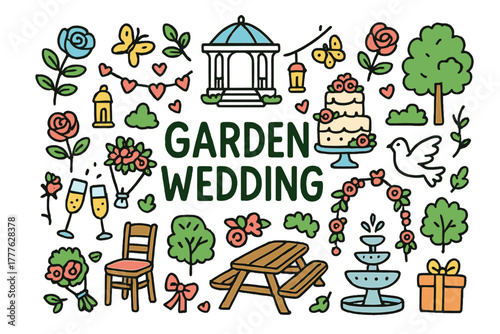 Garden Wedding Celebration. Garden wedding. Hand-drawn doodle illustration of a garden wedding. Roses, gazebo,