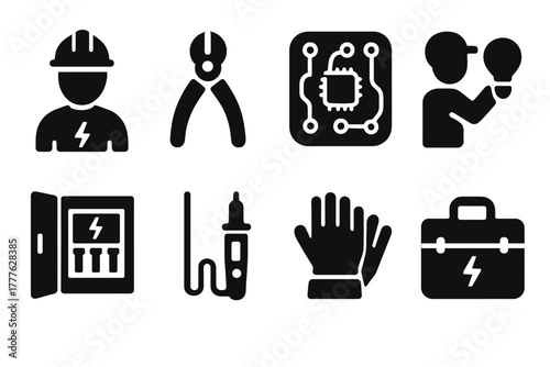 Electrician Icon Set. Electricians. Filled icon set of Electricians: electrician with helmet, wire cutter,
