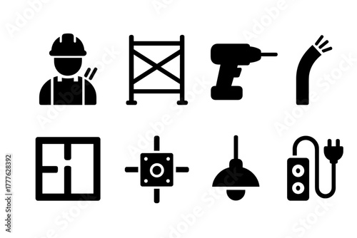 Electrical Icon Set. Construction Site Electrical. Filled icon set of Construction Site Electrical: worker