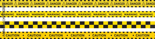 Yellow and black danger tape set with skull symbols for safety hazard zones roads and construction. under construction, caution, Warning zone, danger tapes. Caution tape set of warning ribbons on tran