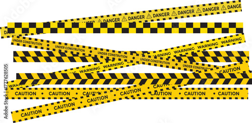 Yellow and black danger tape set with skull symbols for safety hazard zones roads and construction. under construction, caution, Warning zone, danger tapes. Caution tape set of warning ribbons on tran