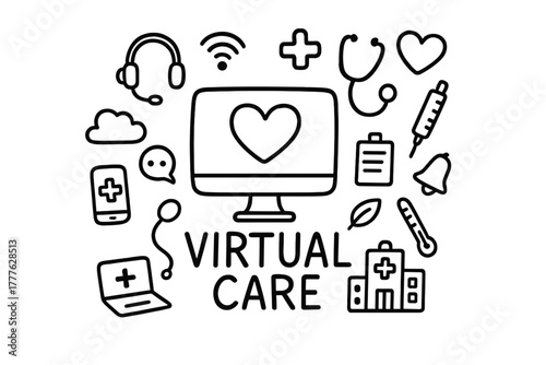 Virtual Care Doodle. Virtual Care. Hand-drawn doodle illustration of Virtual Care. In the middle, one slightly