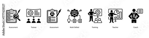 Skill Building Program web banner vector illustration featuring Assessment, Trainee, Multi Skilled, Training, Teacher, Coach, and Trainer. Ideal for professional growth materials.