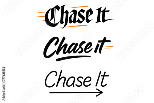 Dynamic Calligraphy Variations. Chase It. Create a calligraphy lettering illustration of the phrase: Chase It.
