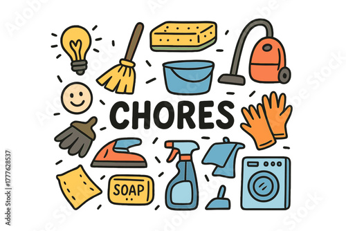Chores Doodle Illustration. Household chores. Hand-drawn doodle illustration of household chores. Light bulb,