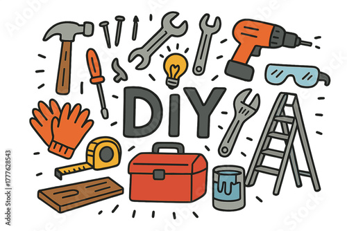 DIY Tools Doodle. DIY repairs. Hand-drawn doodle illustration of DIY repairs. Hammer, nails, screwdriver,