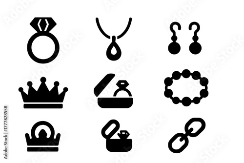 Luxury Jewelry Icons. Luxury Jewelry. Filled icon set of Luxury Jewelry: diamond ring, pendant necklace, pearl