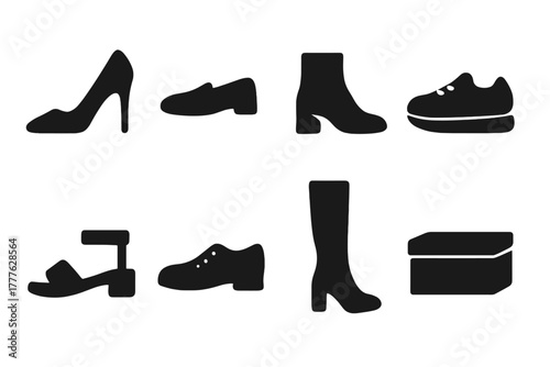 Luxury Footwear Icons. Luxury Footwear. Filled icon set of Luxury Footwear: stiletto heel, leather loafer,