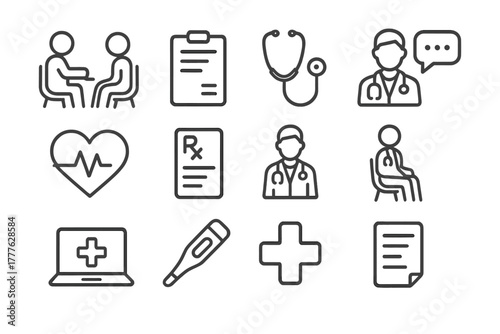 Medical Consultation Icons. Doctor consultation scenes. Line outline icon set of doctor consultation scenes:
