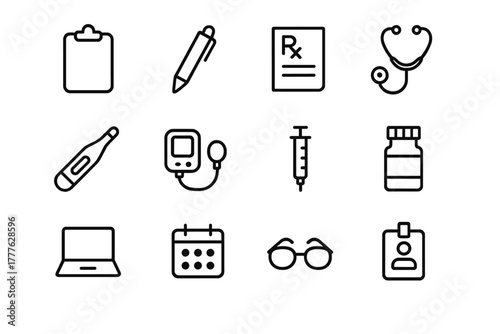 Medical Icons Set. Medical consultation tools. Line outline icon set of medical consultation tools: clipboard,