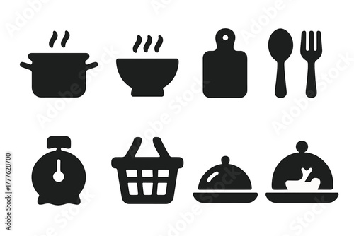 Meal Preparation Icons. Meal Preparation. Filled icon set of Meal Preparation: cooking pot, soup bowl, cutting