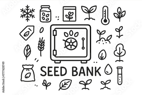 Seed Bank Doodle. Seed Bank. Hand-drawn doodle illustration of Seed Bank. In the middle, one slightly larger