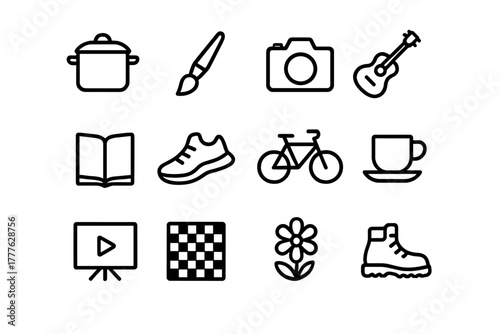 Shared Hobbies Icons. Shared hobbies. Line outline icon set of shared hobbies: cooking pot, paintbrush, camera
