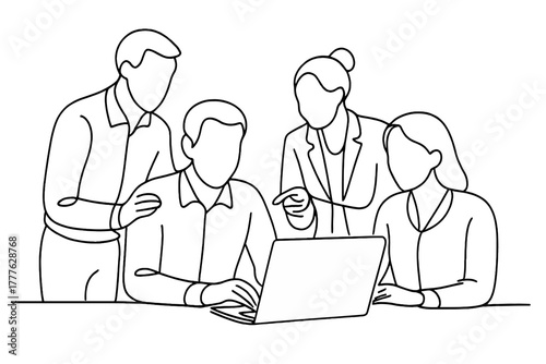 Teamwork Outline. Collaboration. Minimalistic one-line drawing coworkers gathered around a laptop, continuous
