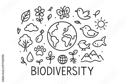 Doodle Earth Biodiversity. Biodiversity. Hand-drawn doodle illustration of Biodiversity. In the middle, one
