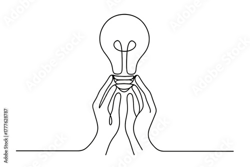 Collective Innovation. Innovation. Minimalistic one-line drawing light bulb held by a group of hands,