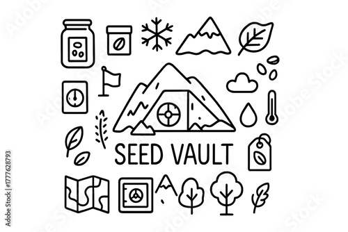 Seed Vault Doodle. Seed Vault. Hand-drawn doodle illustration of Seed Vault. In the middle, one slightly