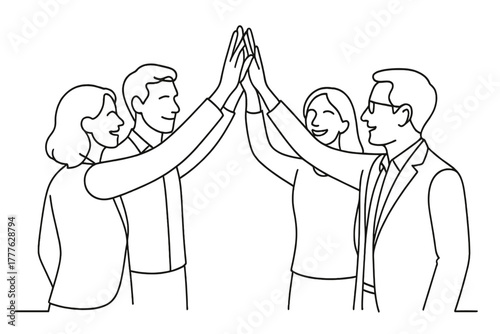 Team High-Five Vector. Team Spirit. Minimalistic one-line drawing group of coworkers giving a collective