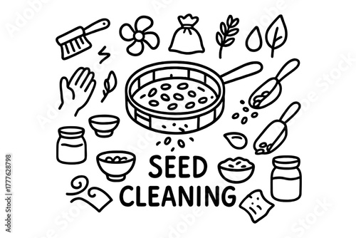 Seed Cleaning Doodle. Seed Cleaning. Hand-drawn doodle illustration of Seed Cleaning. In the middle, one