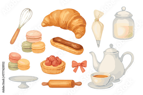 French Bakery Stickers. French Patisserie. Realistic hand-painted watercolor style sticker sheet of a French