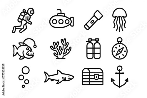 Deep Sea Icon Set. Deep sea adventure. Line outline icon set of deep sea adventure: diver, submarine,