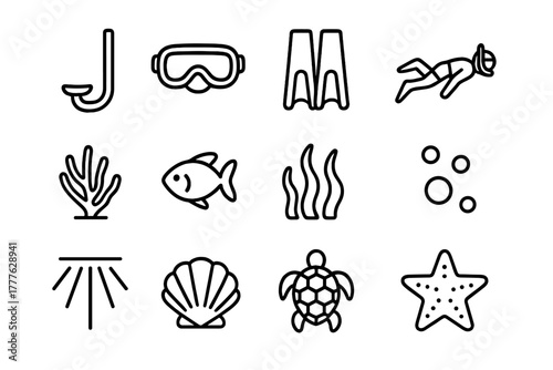 Snorkeling Icon Set. Snorkeling and diving. Line outline icon set of snorkeling and diving: snorkel, mask,