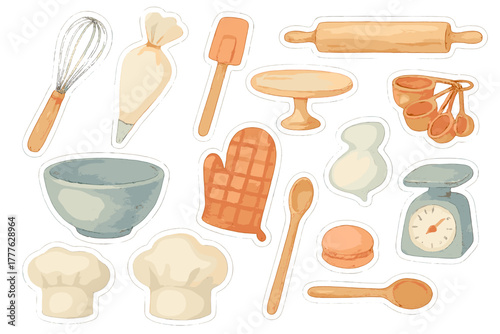 Watercolor Pastry Stickers. Pastry Chef Tools. Realistic hand-painted watercolor style sticker sheet of pastry