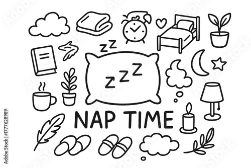 Nap Time Doodles. Nap Time. Hand-drawn doodle illustration of Nap Time. In the middle, one slightly larger