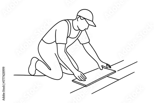 Minimalist Worker Illustration. Installation. Minimalistic one-line drawing worker kneeling while fitting