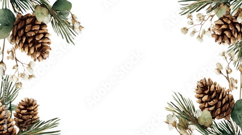 Watercolor pine cones and greenery border against white background