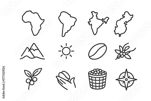 Coffee Region Icons. Coffee growing regions. Line outline icon set of coffee growing regions: Africa map,