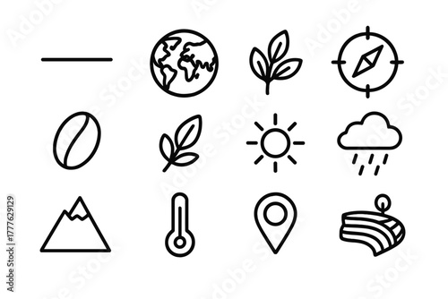 Coffee Belt Icons. Coffee belt geography. Line outline icon set of coffee belt geography: equator line, world