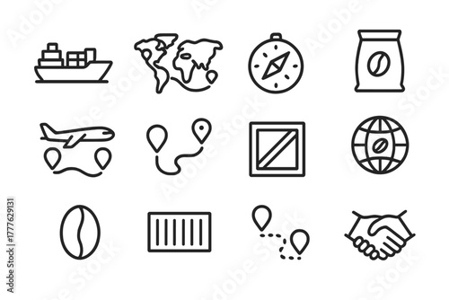 Coffee Trade Icons. Coffee trade routes. Line outline icon set of coffee trade routes: cargo ship, world map,